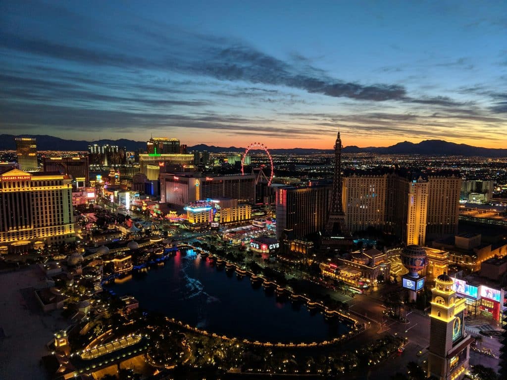 Vibrant Las Vegas skyline at dusk.