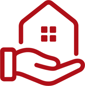 A red outline icon shows an open hand holding a simple house with a four-pane window.
