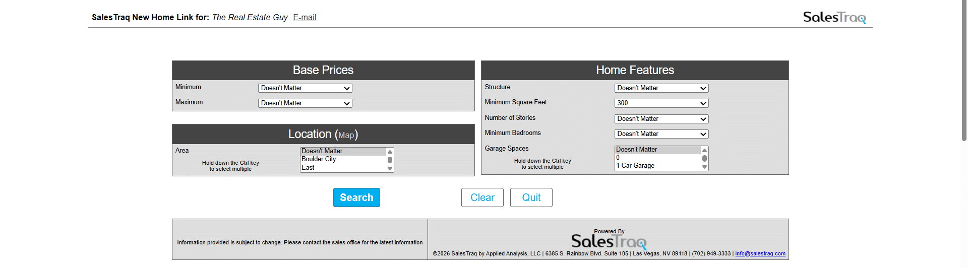 A "SalesTraq" real estate search page with fields for "Base Prices," "Location (Map)," and "Home Features."