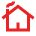A simple red outline drawing of a house with a chimney on the left side and a puff of smoke.