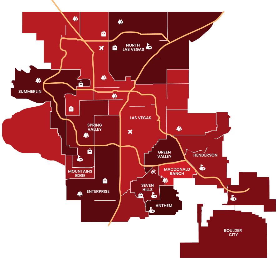 A red and dark red map of Las Vegas neighborhoods with roads, trees, shopping bags, and golf icons.