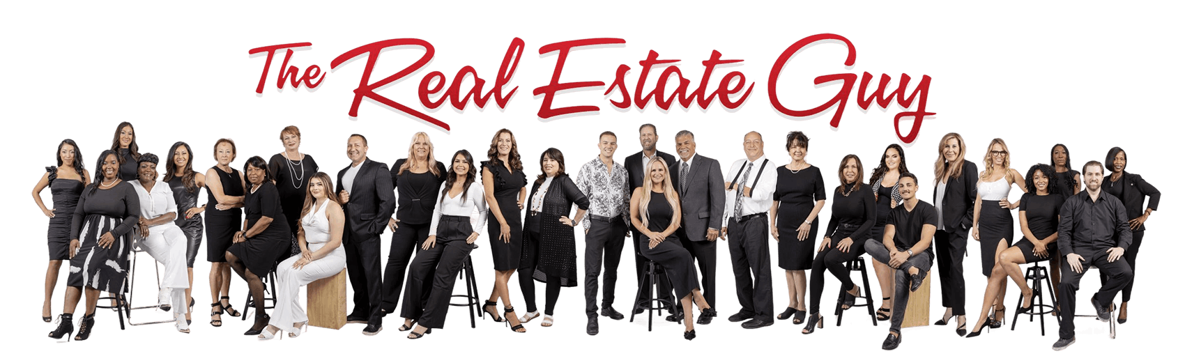 A large group of diverse real estate agents in black and white attire, with "The Real Estate Guy" in red above.
